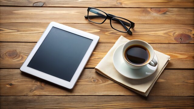 A modern electronic tablet device lies on a wooden desk surrounded by scattered papers, a cup of coffee, and a pair of reading glasses.