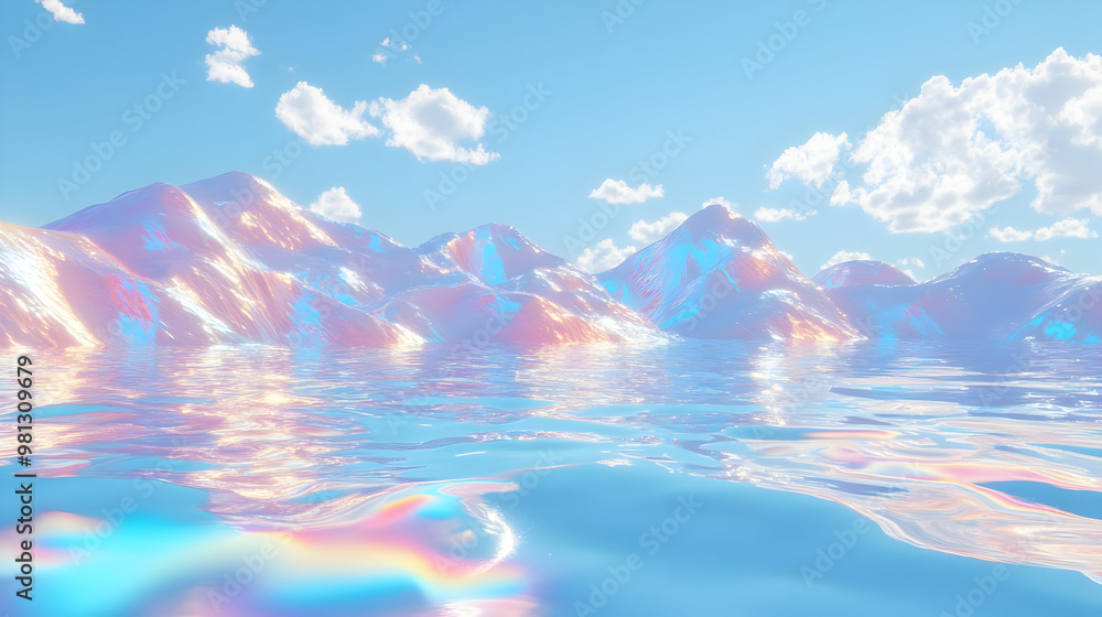 Sticker Holographic Mountains Reflecting in Calm Water