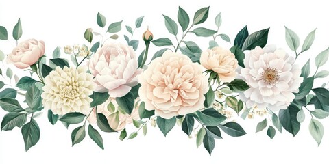 Fototapeta premium This is a stunning watercolor depiction of a wedding bouquet that features soft, romantic autumn florals beautifully combined with lush greenery. It is perfect for any bohothemed celebration