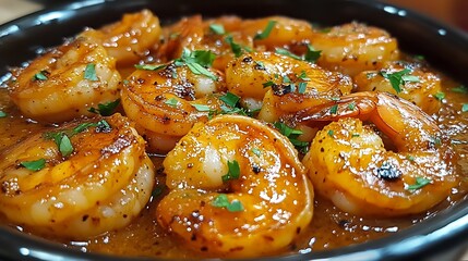 Close-up of a plate of delicious shrimp in a savory sauce, garnished with parsley.