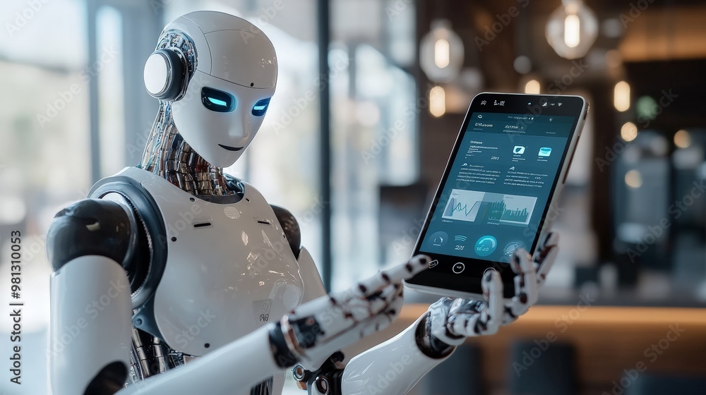 Poster a digital assistant powered by ai helping a user manage their finances through a smartphone app