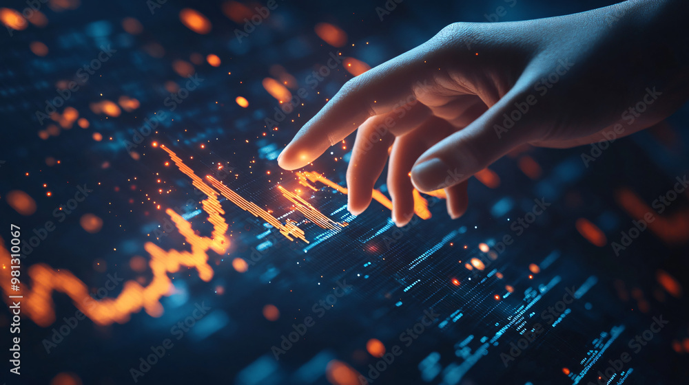 Poster businessman is touching a holographic interface displaying financial data and statistics as orange g