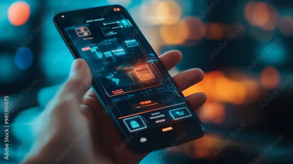 Poster a digital banking interface on a smartphone, with a user making a transaction