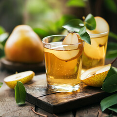 Pear drink in a glass on a wooden surface with fruits