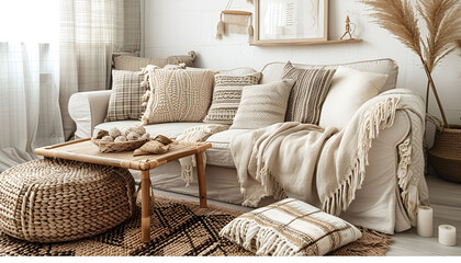 The stylish boho composition at living room interior with design beige sofa, coffee table, wicker baskets and elegant personal accessories. Brown and white pillows and plaid Cozy apartment. Home decor