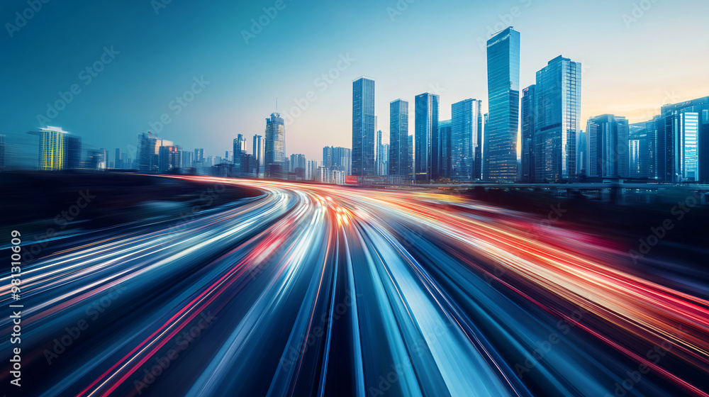 Poster blurred motion of car lights on highway at dusk with city skyline in background captured through lon
