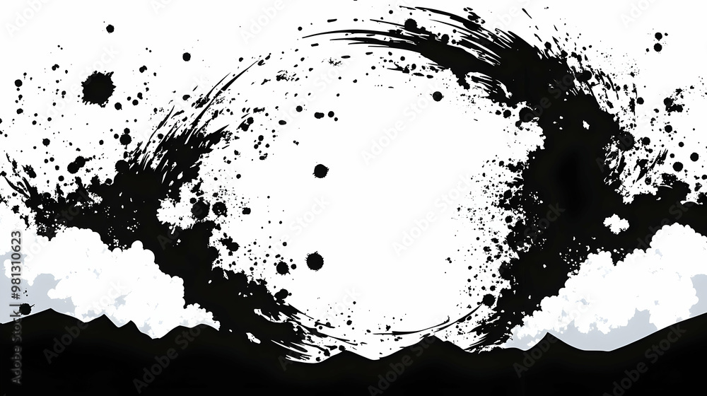 Wall mural Abstract Black Ink Splashes and Swirls on White Background