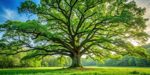 Majestic oak tree standing tall in a lush green forest setting, nature, woodland, environment, growth, foliage, branches, leaves