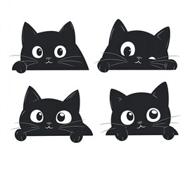 Four cute, cartoon-style black cats peek over a surface, each with unique expressions and large eyes, conveying curiosity and playfulness.