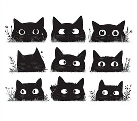 Fototapeta premium A playful illustration of black cats peeking through grass, showcasing various expressions and wide eyes in a fun, whimsical arrangement.