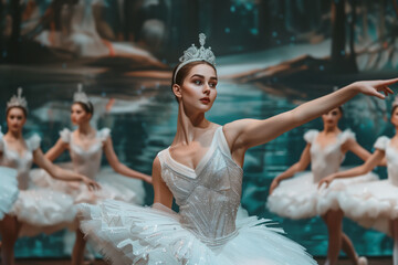 A ballerina with a white tutu and a tiara dancing on stag with the corps de ballet in the background. A performance of Swan Lake.