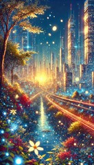 Obraz premium 未来の交響曲: 自然と都市の幻想的融合