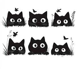 A playful design featuring six black cats with large eyes hiding in grass, surrounded by butterflies and leaves.