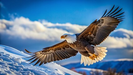 Obraz premium Majestic bald eagle soars through a serene blue sky, its snow-white head and tail feathers contrasting sharply with its dark brown wings and body.