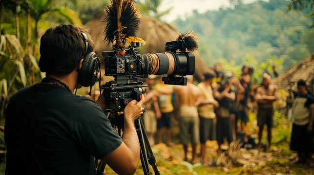 A documentary team filming a traditional ceremony, capturing the essence of a disappearing culture