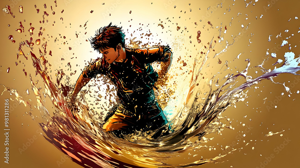 Poster man leaps through a splash of water, creating a dramatic pose