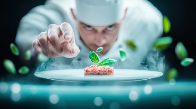A chef with focused eyes, meticulously preparing a gourmet dish, representing their passion for excellence and culinary artistry.