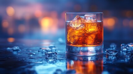 A glass of whiskey with ice on a table with a blurred background.