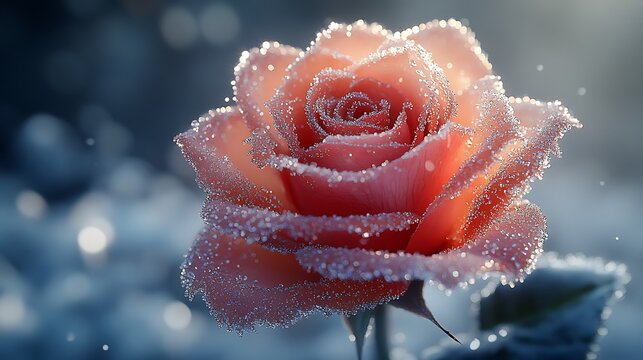 A single pink rose with dew drops on the petals, illuminated by the sun, with a blurred background.