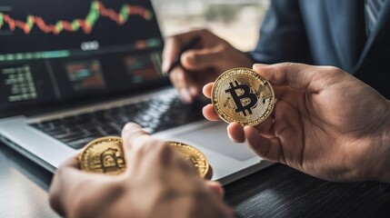 A financial advisor explaining the risks and benefits of investing in cryptocurrencies to a client