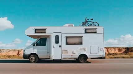 A family enjoys a vacation trip traveling in a white RV with a bicycle attached while navigating the beautiful mountain roads of Spain, surrounded by red rocks and a clear sky
