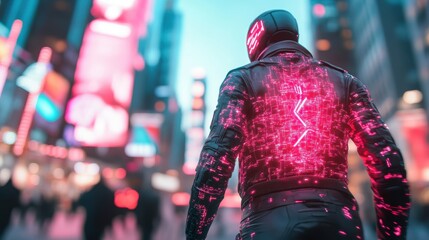 Naklejka premium A cybernetically enhanced individual, their body covered in glowing circuits, walking through a crowded city street, showcasing technological integration.