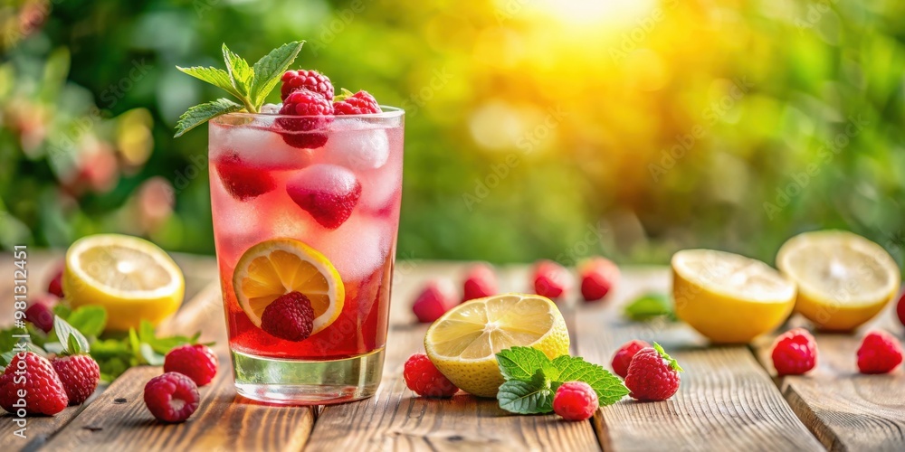 Poster refreshing raspberry lemonade cocktail with fresh berries and a lemon slice on a sunny summer day, c