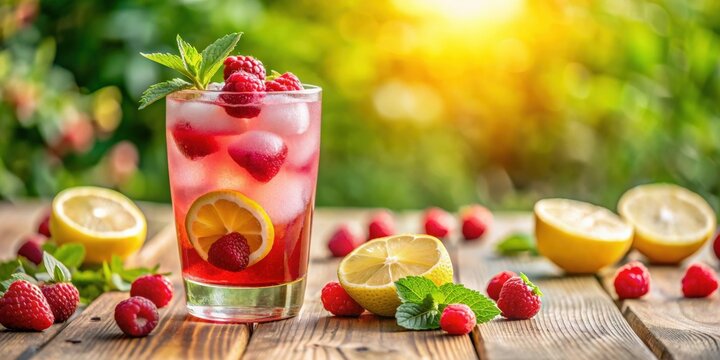 Refreshing raspberry lemonade cocktail with fresh berries and a lemon slice on a sunny summer day, cocktail, mocktail