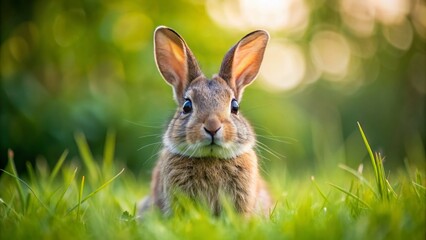 Fototapeta premium Adorable rabbit sitting on a bed of soft green grass, twitching its whiskers and looking directly at the camera with big brown curious eyes.