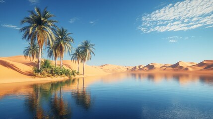 Palm Trees Reflecting in Still Water of a Desert Oasis