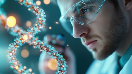 A scientist studying a DNA sequence on a computer screen, representing the intersection of DNA research and advanced technology.