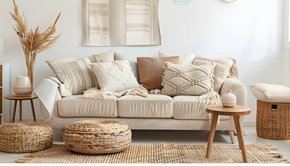 The stylish boho composition at living room interior with design beige sofa, coffee table, wicker baskets and elegant personal accessories. Brown and white pillows and plaid Cozy apartment. Home decor