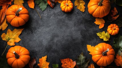 Halloween A black background with a frame of orange pumpkins and leaves
