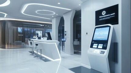 A futuristic bank branch with AI-driven kiosks and virtual financial advisors
