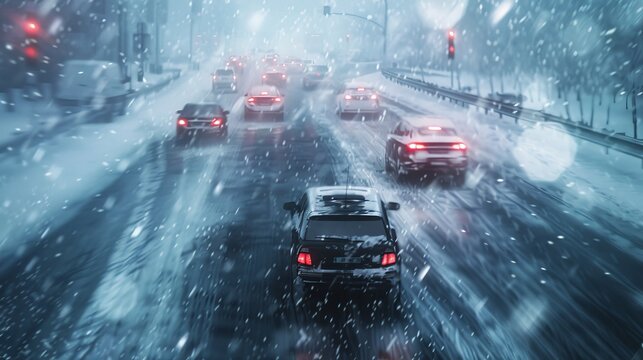 Cars struggle through a snowy blizzard  a stark reminder of winter driving dangers and caution