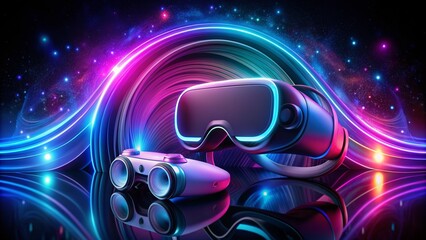 Futuristic virtual reality headset and controllers on a sleek black background, surrounded by swirling purple and blue lights, evoking a sense of immersion.
