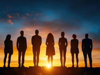 Fototapeta premium Silhouettes of six people standing against a colorful sunset, representing connection and contemplation.