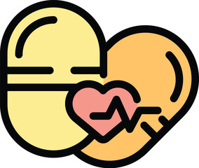 Medical icon representing a heart with an improving heartbeat with a pill treatment