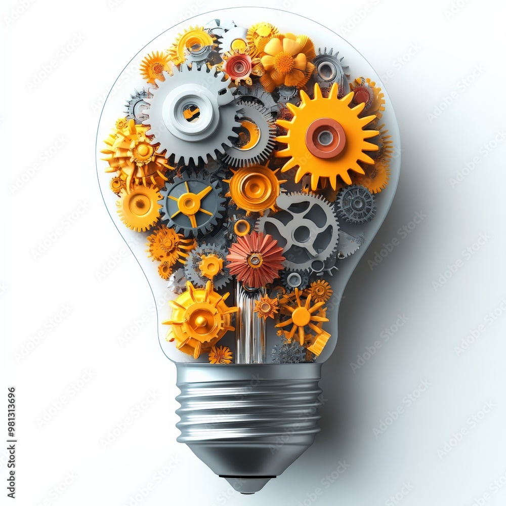 Poster lightbulb with gears: a lightbulb filled with intricate gears, symbolizing innovation, creativity, a