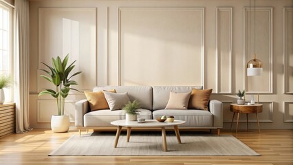 Fototapeta premium Empty indoor wall mockup with couch and decorated coffee table in minimal warm living room interior with free space, mockup