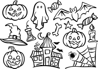 Halloween doodle set, hand drawn line art cute illustration, clip art element collection