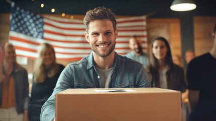 A cheerful man joyfully votes at a busy polling station, surrounded by people and American flags, capturing the spirit of democracy in action