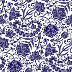 Ornamental flowers, blue and grey colours, white background. Seamless floral pattern-401.