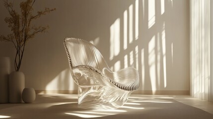 Minimalist living room featuring an unusual sculptural chair made of transparent materials. Elegant home design with natural light and shadows. Interior design and luxury furniture concept