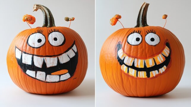Halloween Two pumpkins with painted faces, one with a smile and the other with a frown