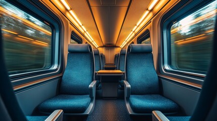 Empty seats in a modern train. Traveling by train. Landscape outside the window