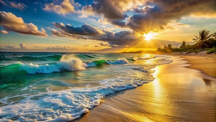Warm sunlight casts a golden glow on turquoise waves gently crashing against the pristine, powdery white sandy beach shoreline.