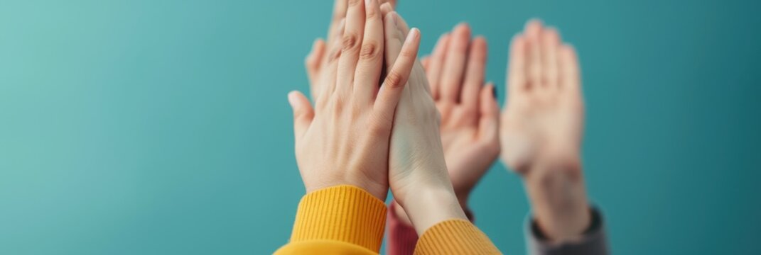 Close-up of hands giving high-fives in a team celebration, symbolizing collaboration, success, and unity in a positive group environment.