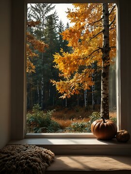 Fototapeta Cozy window seat with autumn forest view.