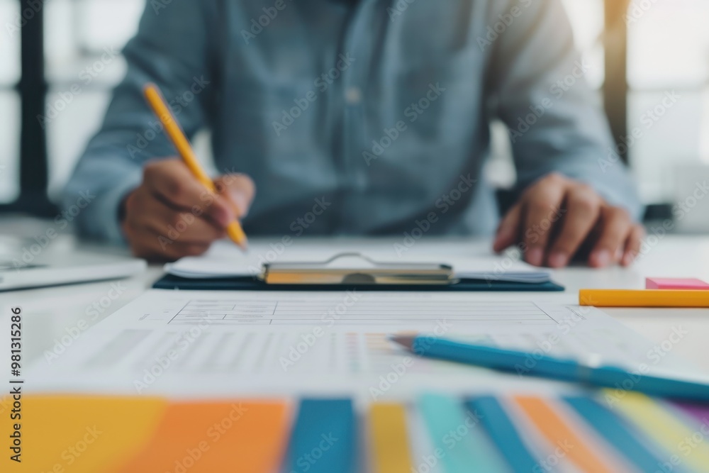 Poster close-up of a business professional writing on a clipboard with colorful charts and documents spread